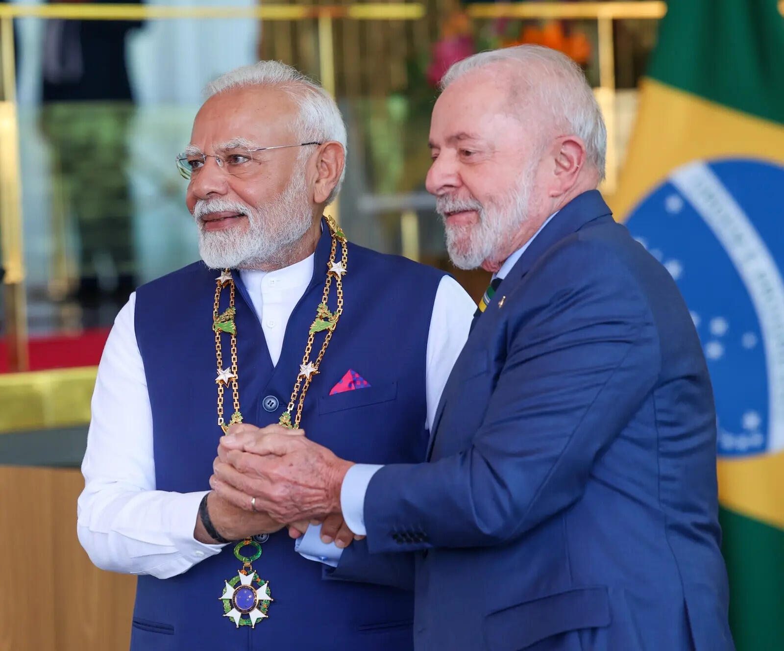 <p>Prime Minister Narendra Modi with Brazil's President Luiz Inacio Lula da Silva after being conferred with Brazil's highest civilian award, the Grand Collar of the National Order of the Southern Cross, during a ceremony, in Brasilia, Brazil. </p>