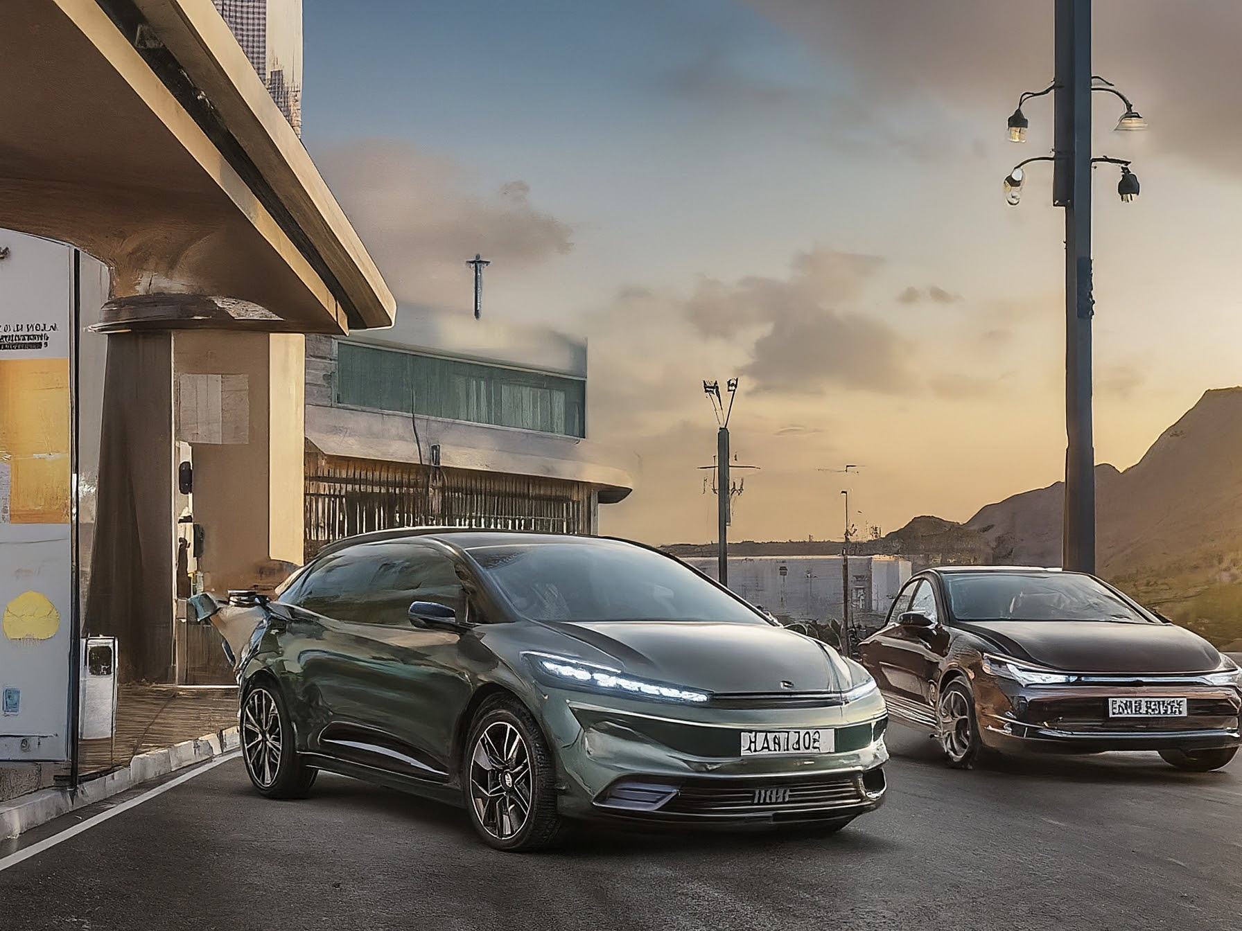 Two electric vehicles charge at a co-branded Gentari and Shell station, set against a vibrant, modern cityscape.  The scene embodies a clean energy future.