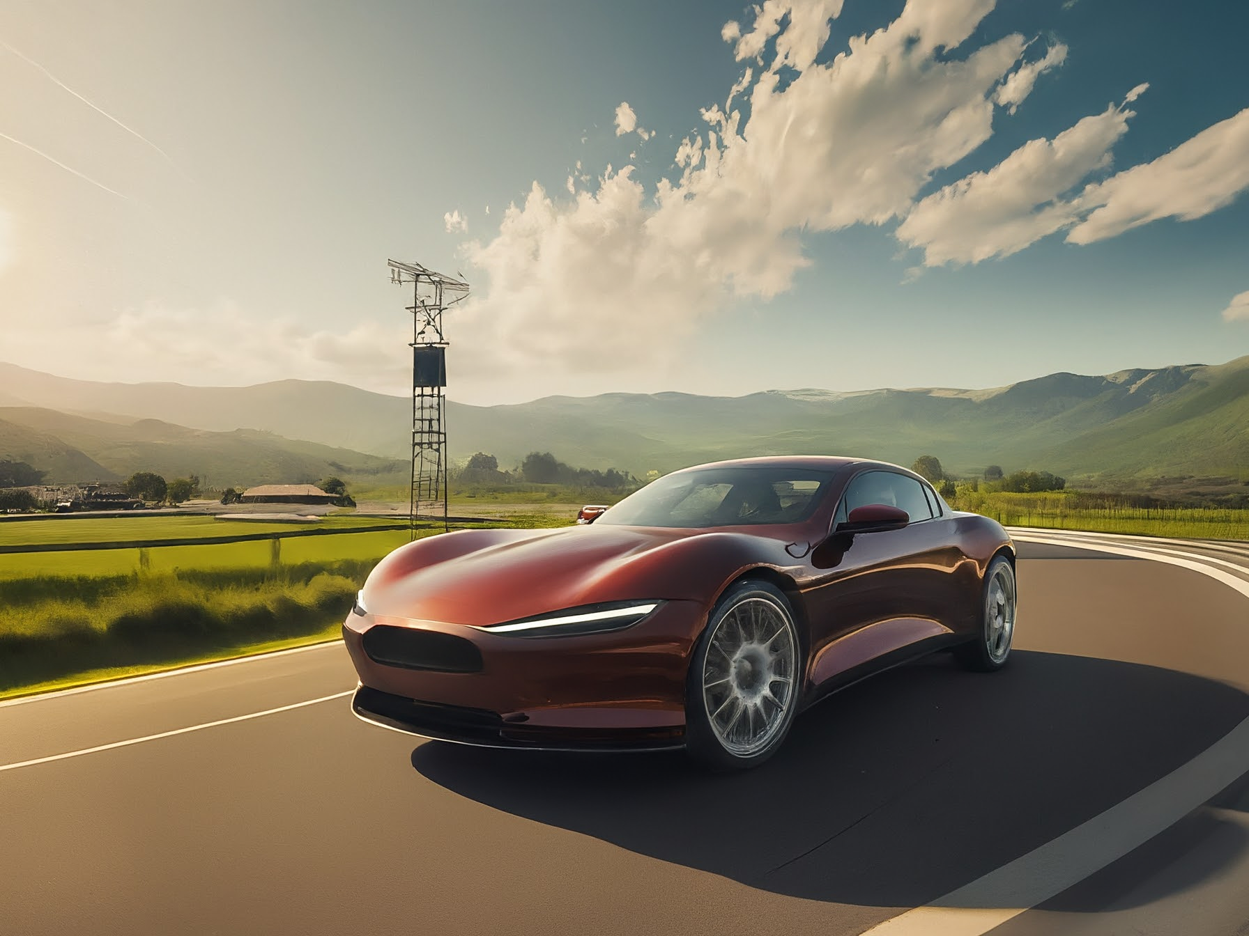 I observe a modern electric car navigating a testing track amidst the rolling green hills and farms of rural India. Advanced technology meets serene landscape.