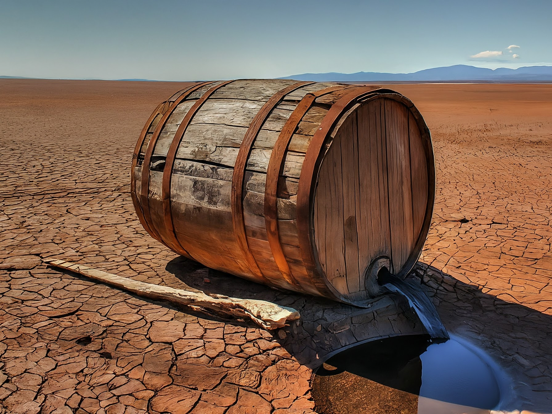 A wooden barrel overflows with thick crude oil, stark against a desolate, sun-baked oil field. The landscape reflects the environmental impact of extraction.