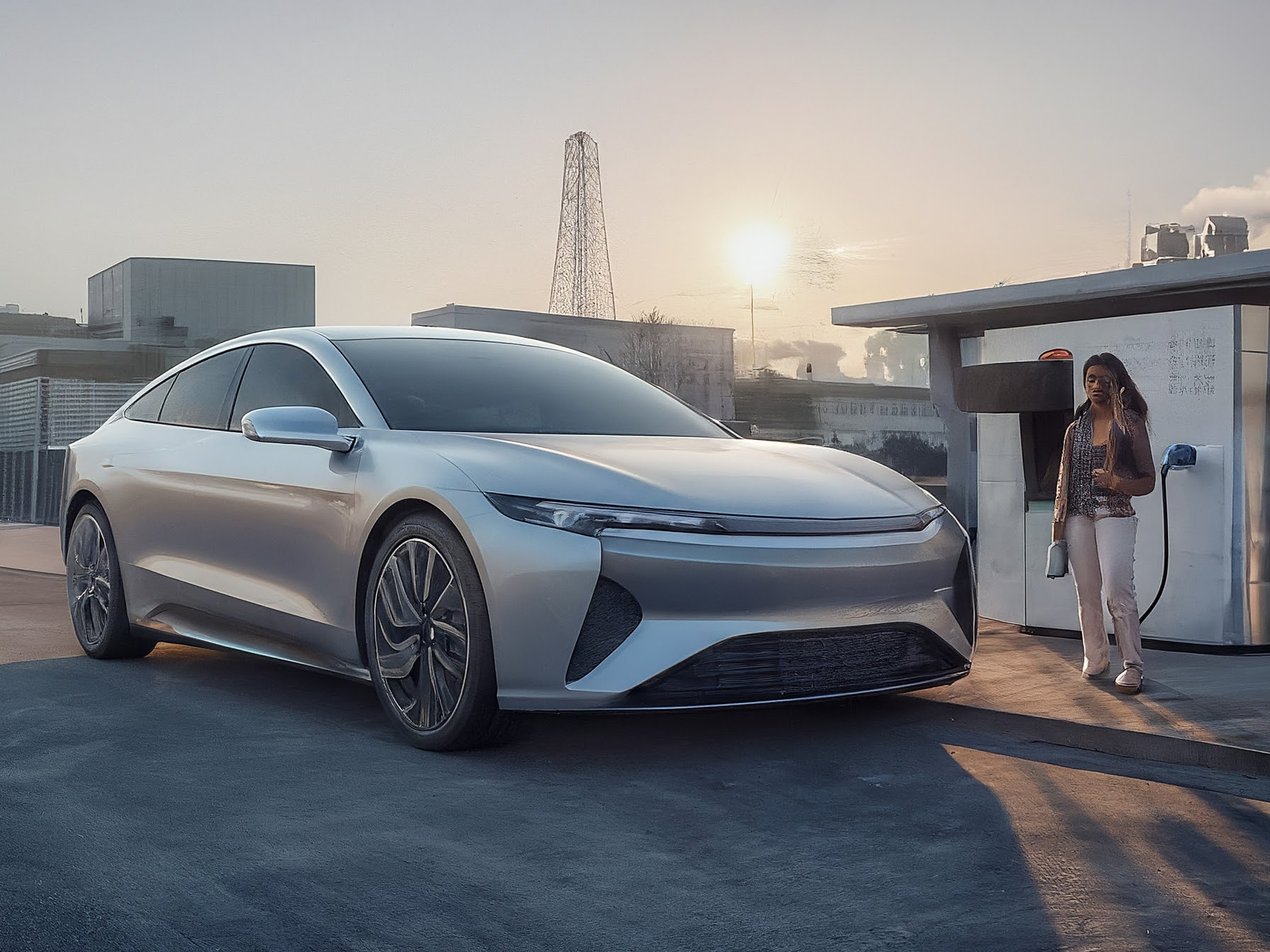I observe a woman by her silver electric sedan, charging at a modern station. A lithium-ion battery factory hums in the distance.