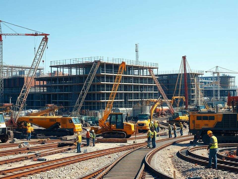 I observe heavy machinery and workers building a new railway factory. Cranes lift beams, excavators dig, and the steel framework rises against the sky.