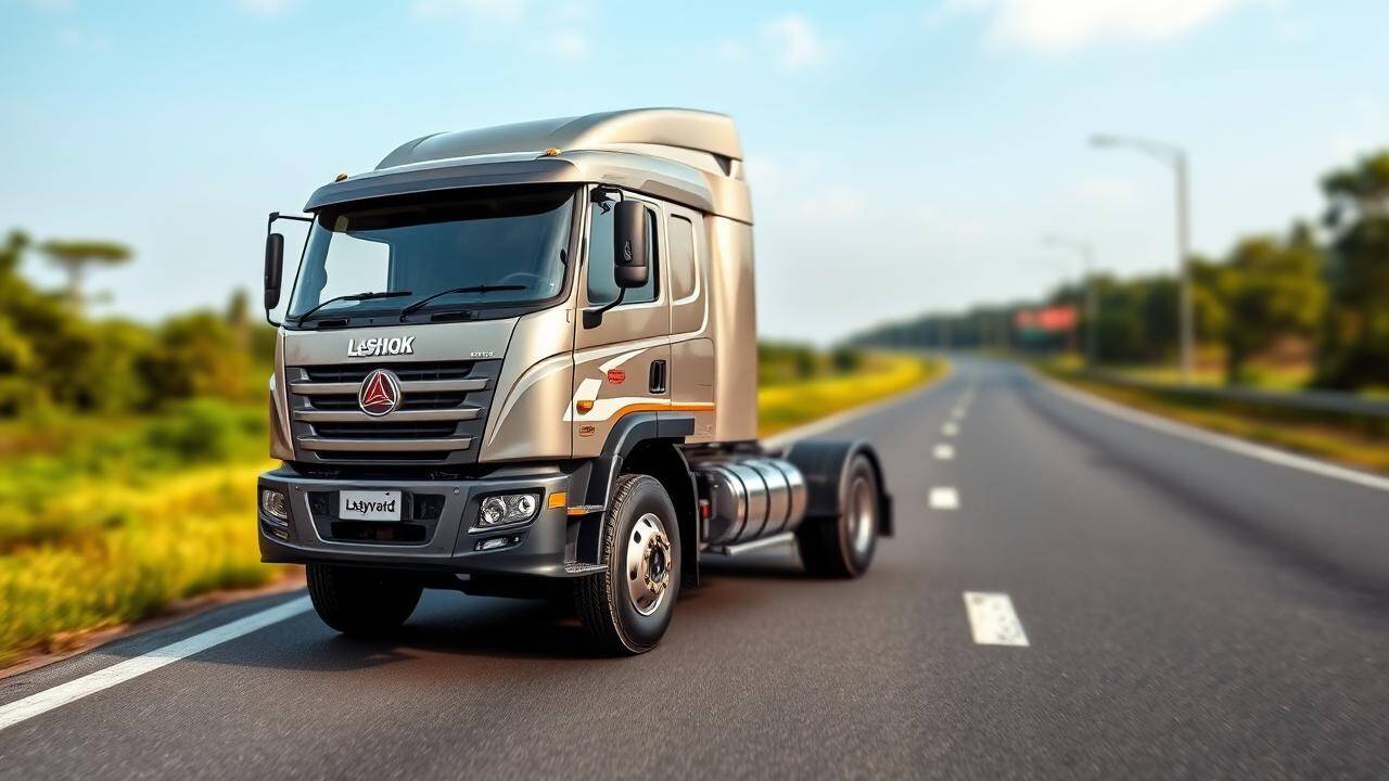 I see a brand new Ashok Leyland truck, gleaming under the sunny sky, ready to conquer the Indian highways. Its powerful presence evokes a sense of reliability and progress.