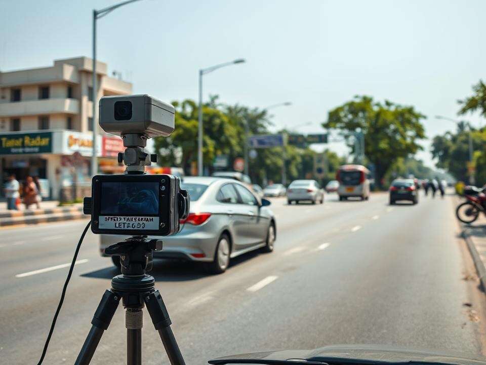 I documented an AI speed radar system monitoring traffic on a busy Nagpur road. A speeding car passes by, its license plate blurred for privacy.