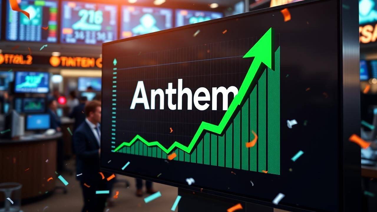 The stock ticker displaying Anthem Biosciences Ltd.'s successful IPO launch with a significant price surge. Confetti rains down as traders celebrate on the bustling exchange floor.