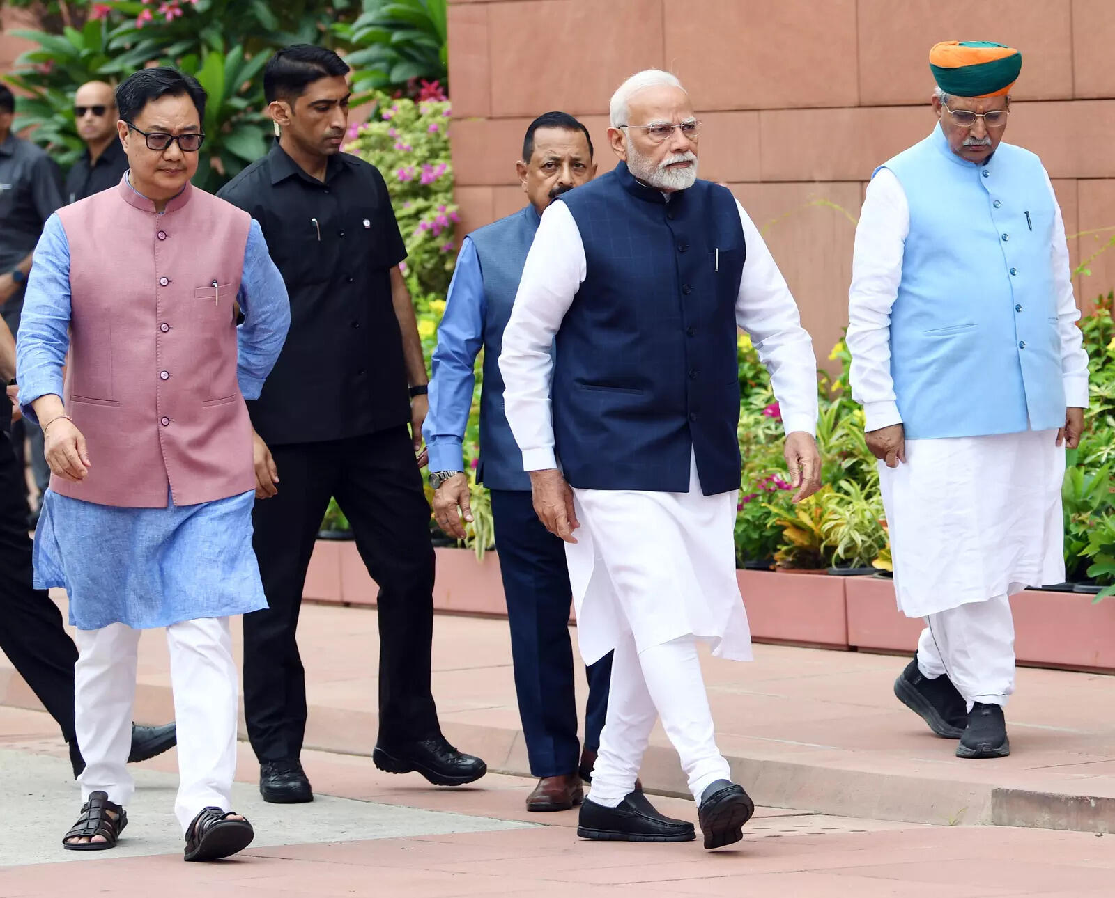 <p>Prime Minister Narendra Modi, along with Union Minister of Parliamentary Affairs Kiren Rijiju, Union Minister of State (I/C) for Law & Justice Arjun Ram Meghwal, MoS Jitendra Singh and arrives to address the media ahead of the Monsoon Session of Parliament, in New Delhi on Monday. </p>