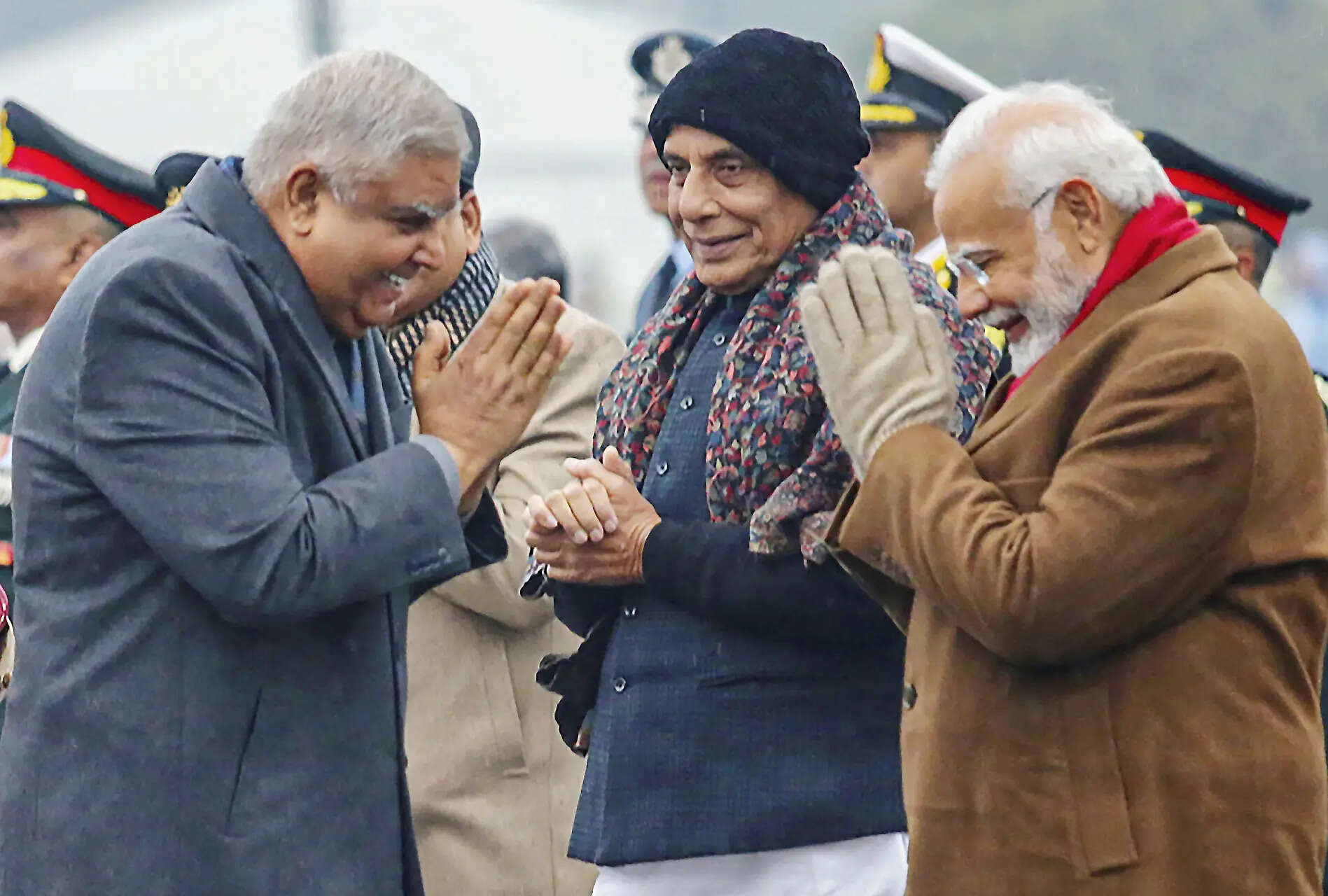 <p>Vice President Jagdeep Dhankar with Prime Minister Narendra Modi and Union Defence Minister Rajnath Singh during the Beating Retreat ceremony, in New Delhi. </p>