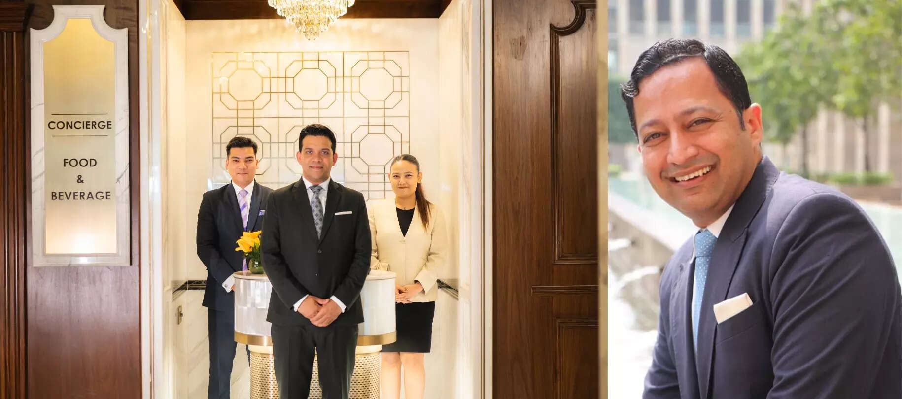 <p>The Claridges New Delhi's F&B concierge desk and (right) Hemendra Singh Kushalgarh, general manager of the hotel<span class="redactor-invisible-space">.</span></p>
