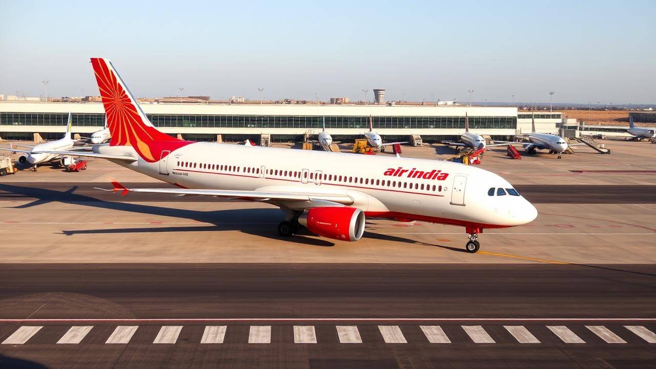 <p>I observe a pristine Air India aircraft parked at the gate on a sunny afternoon. Ground equipment and the terminal are visible in the background.</p>