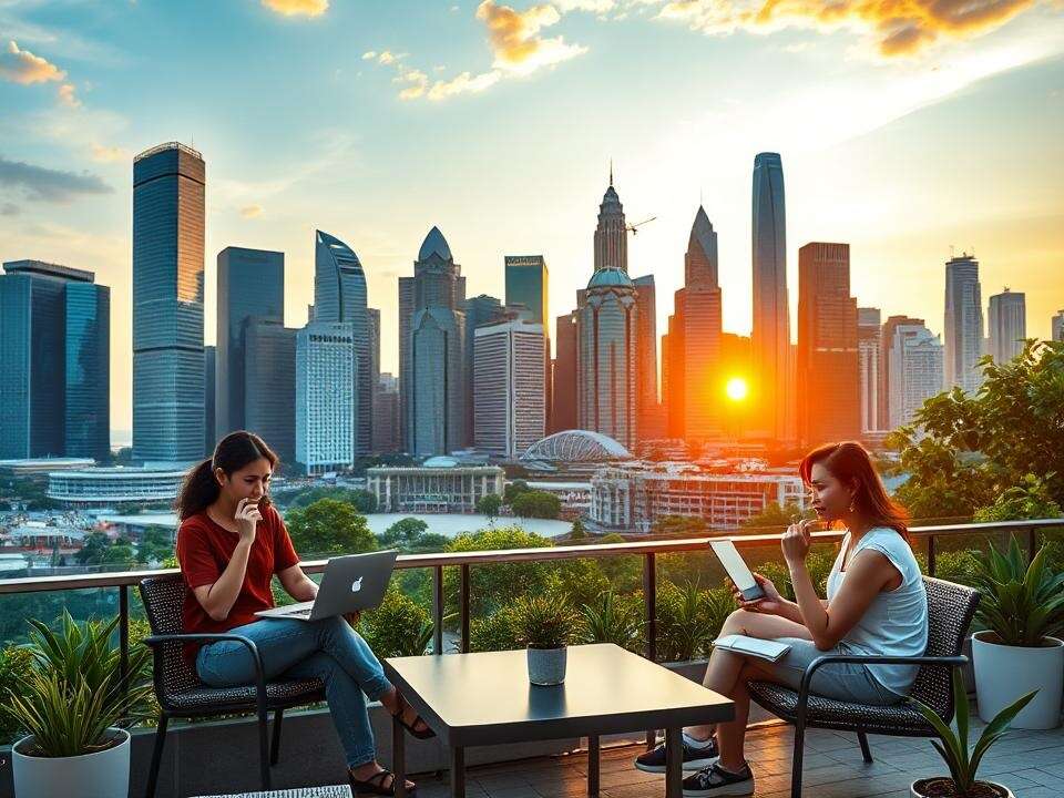 I work remotely with colleagues at a modern outdoor workspace, enjoying the vibrant Singapore skyline during sunset.