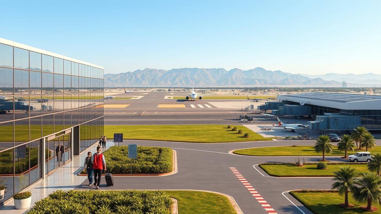 <p>I see a modern airport terminal with passengers, a taxiing aircraft, parked planes, and the Aravalli hills in the distance.</p>