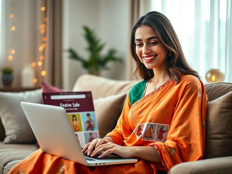 A young Indian woman joyfully shops Libas festive wear online, seated comfortably in a modern, warm living room, bathed in natural light.