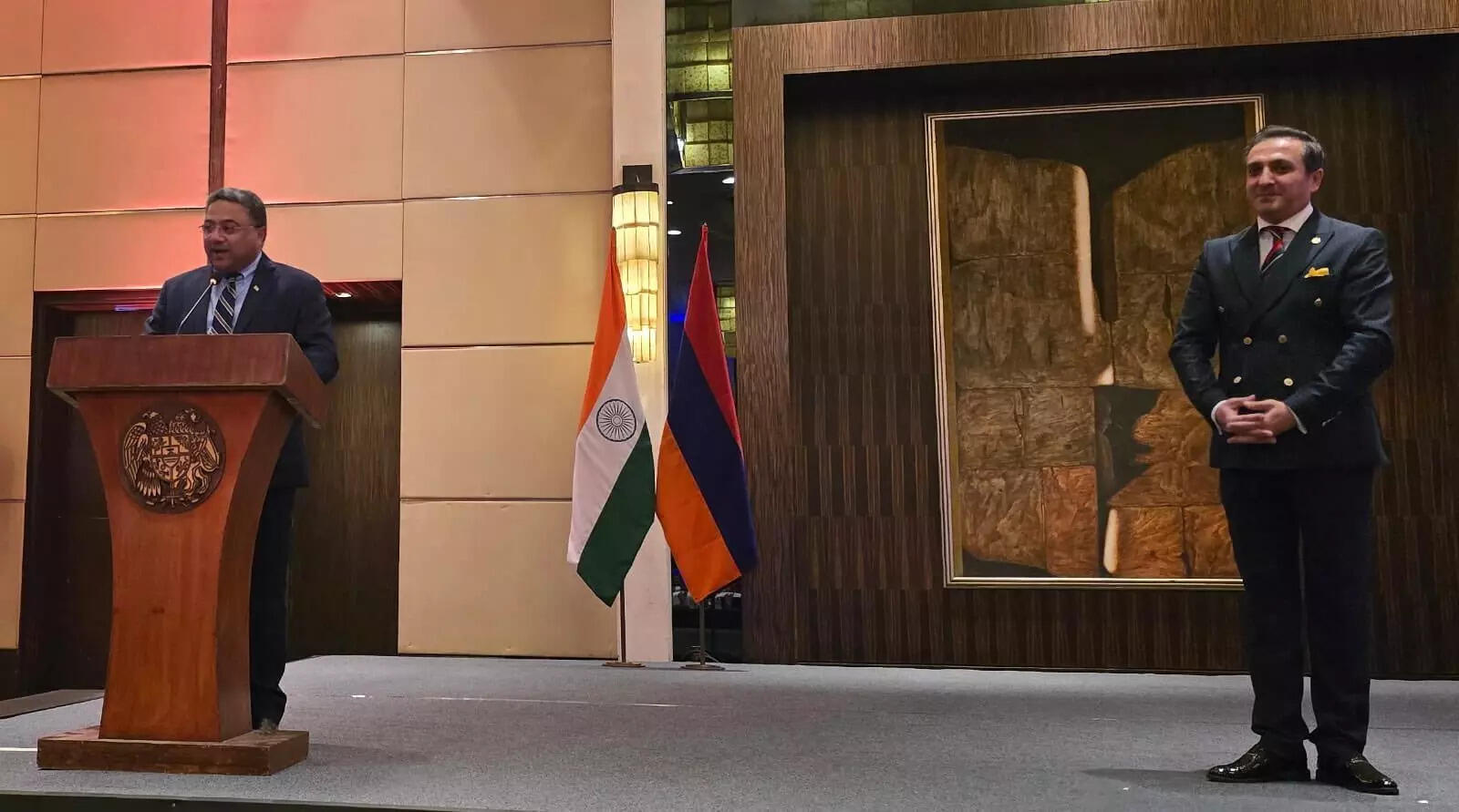 <p>Secretary (West) Sibi George and Armenian Ambassador to India, His Excellency Vahagn Afyan on the dais.  </p>