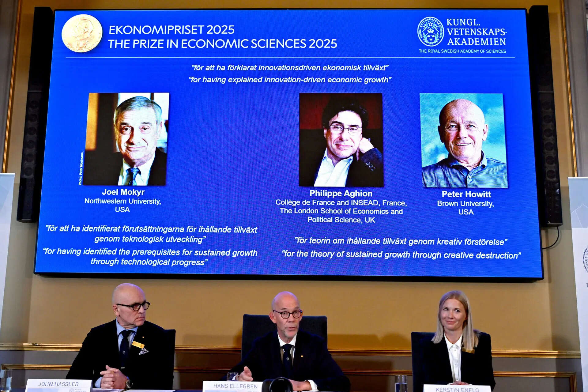 <p>Professor John Hassler, from left, Hans Ellegren, Permanent Secretary of the Academy of Sciences and Professor Kerstin Enflo, announce Joel Mokyr, Philippe Aghion and Peter Howitt as the recipients of the Nobel Memorial Prize in Economics during a press conference at the Royal Swedish Academy of Sciences in Stockholm, Sweden, Monday, Oct. 13, 2025.</p>