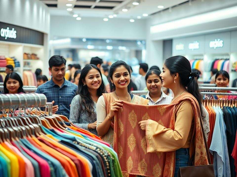 Shoppers engage with vibrant clothing and attentive staff in a modern, well-lit Indian retail space, reflecting positive consumer experiences.