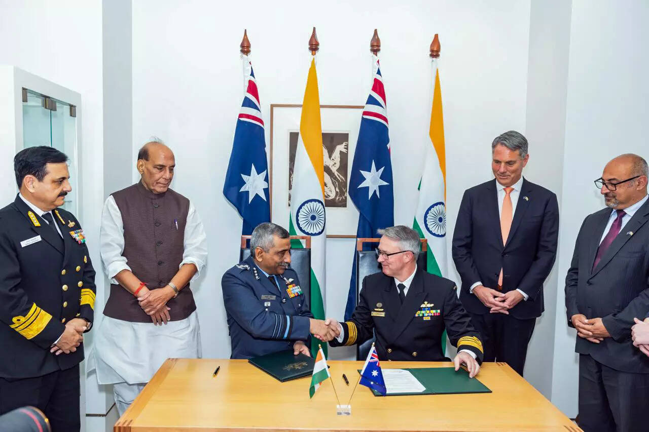 Union Defence Minister Rajnath Singh and Australian Deputy Prime Minister & Minister for Defence, Richard Marles during the signing of three key MoU's between India and Australia, in Canberra