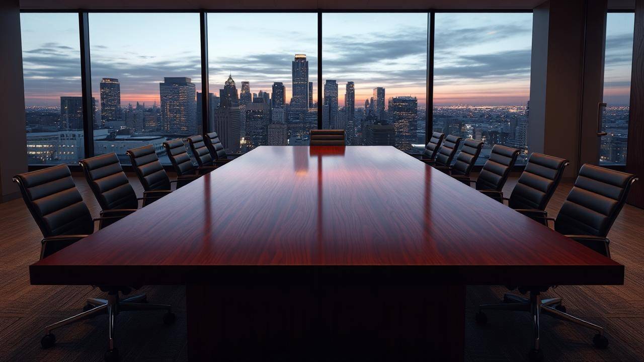I see a polished mahogany table and chairs in a softly lit boardroom. A large window reveals a cityscape at dusk.