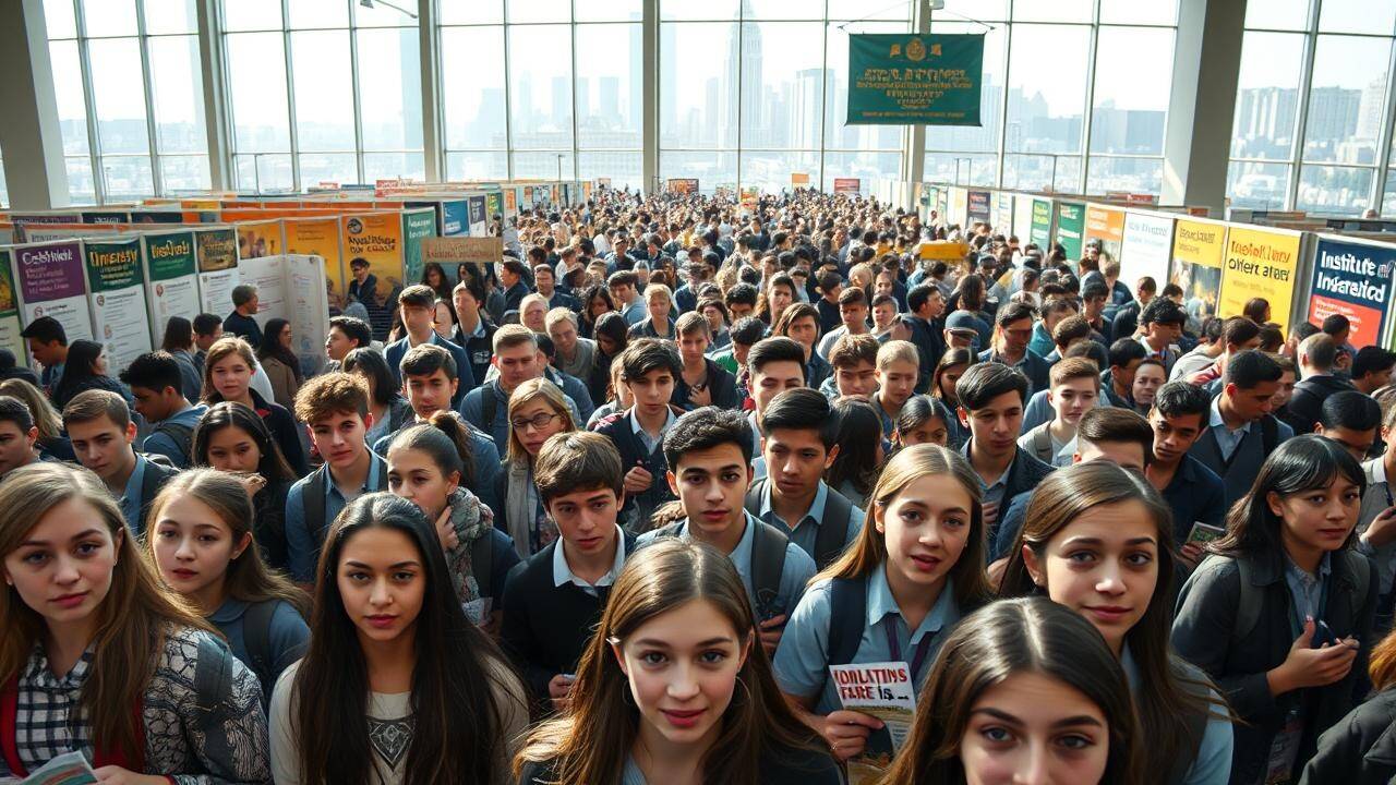 <p>Students navigate a vibrant, slightly surreal college fair, seeking futures amidst outlandish university offerings and a city backdrop</p>