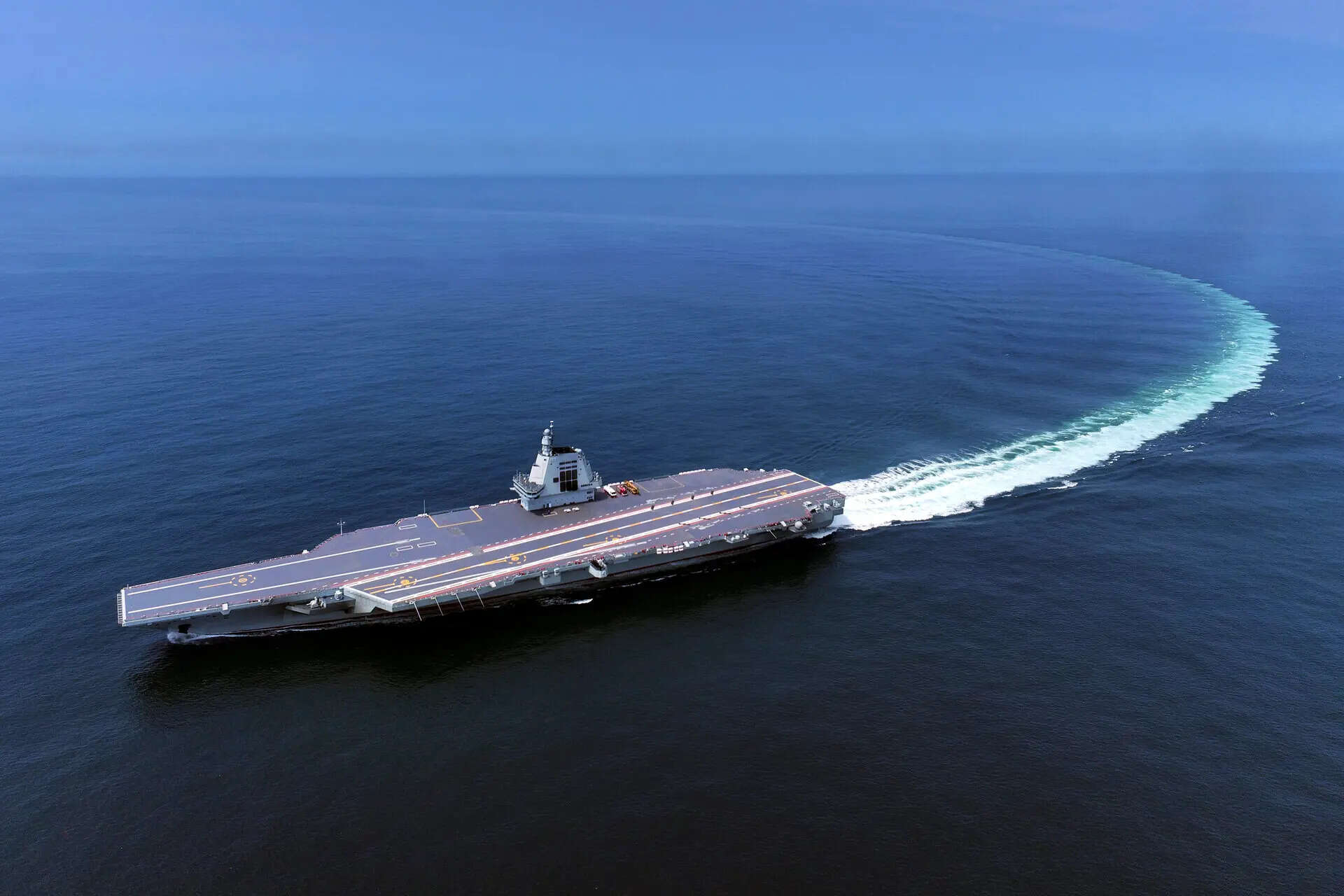 <p>In this photo released by Xinhua News Agency, China's third conventionally powered aircraft carrier, the Fujian, conducts a maiden sea trial on May 7, 2024. </p>