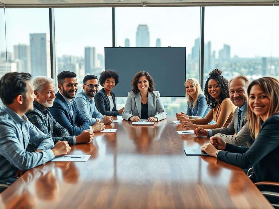 A diverse boardroom celebrating inclusive healthcare policies among various employees representing different identities and backgrounds.