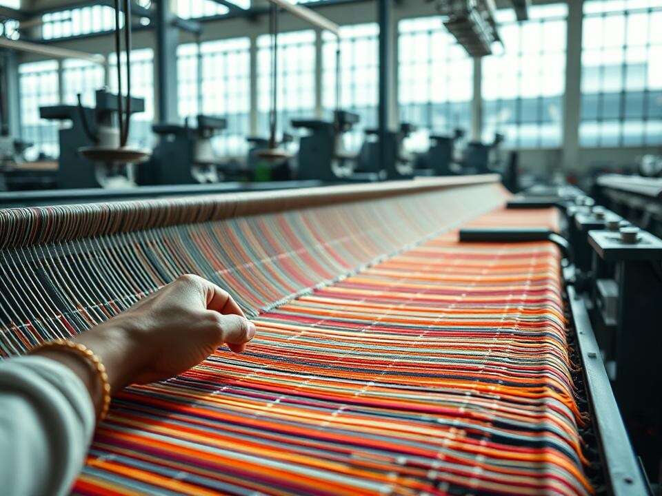 My hands meticulously operate an industrial loom, weaving vibrant threads. Advanced machinery hums in the background, bathed in soft light.