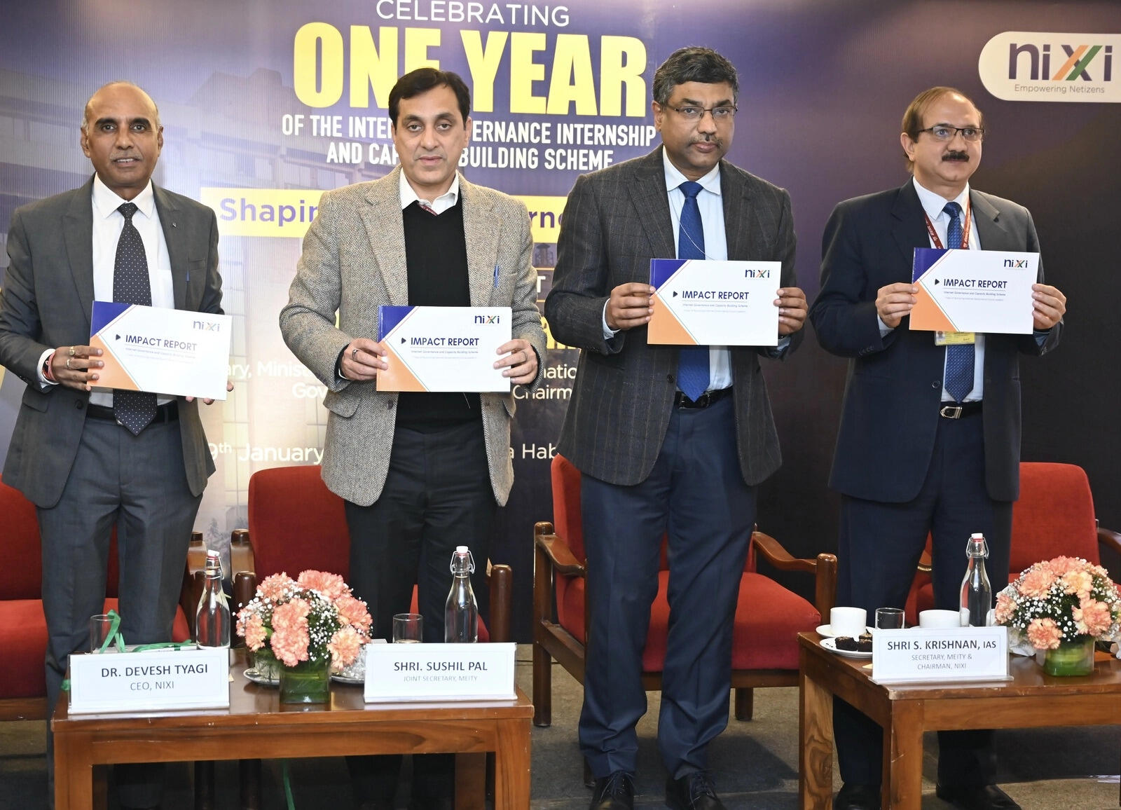 <p>Leaders shaping India’s digital governance ecosystem—MeitY Secretary S. Krishnan, UIDAI CEO Bhuvnesh Kumar, MeitY Joint Secretary Sushil Pal, and NIXI CEO Devesh Tyagi—at NIXI’s IGICBS one-year anniversary event in New Delhi.</p>