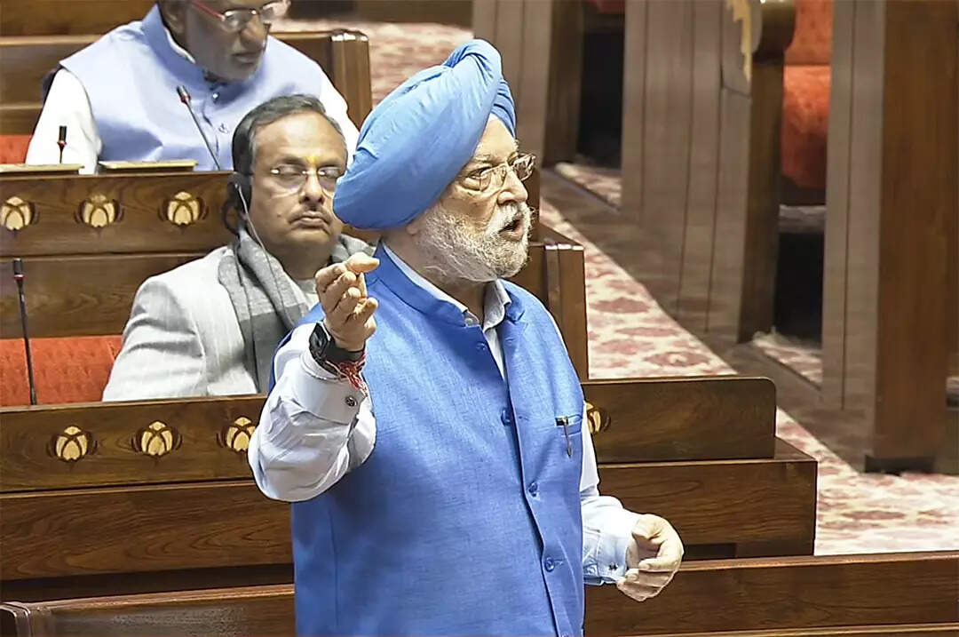<p>Union Minister Hardeep Singh Puri speaks in Rajya Sabha during the budget session, in New Delhi on Monday. </p>