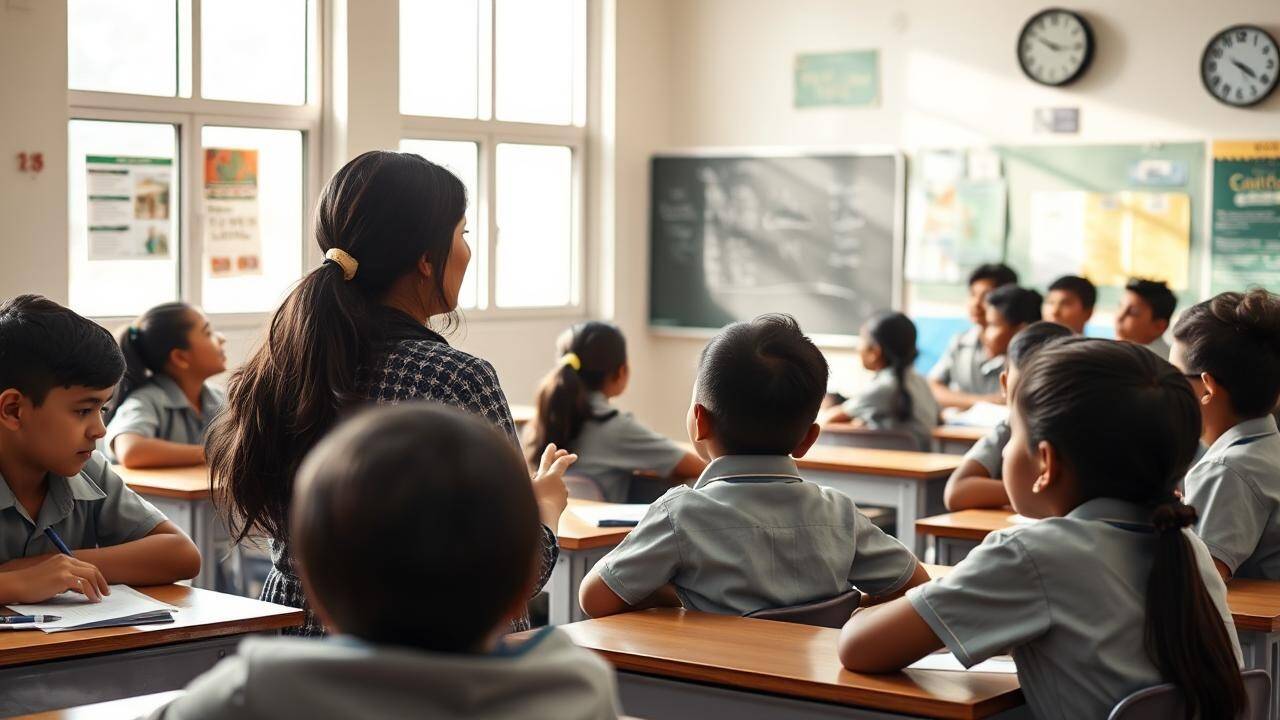 I teach a class of attentive students in a bright Indian classroom. We focus on the lesson, learning and growing together.