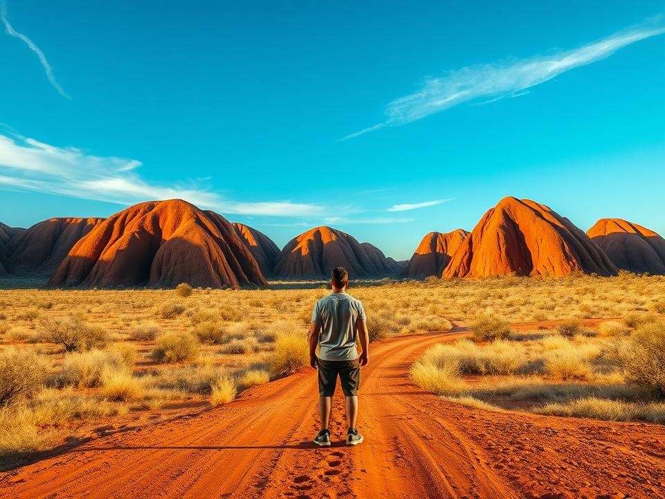 I stand on an ochre path, dwarfed by the surreal, beehive domes of the Bungle Bungles under a golden sky.