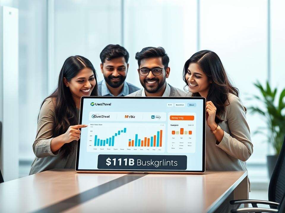 <p>Indian professionals celebrate a $1B corporate booking milestone on a digital travel dashboard, showcasing Quest2Travel, MyBiz, and Happay.</p>