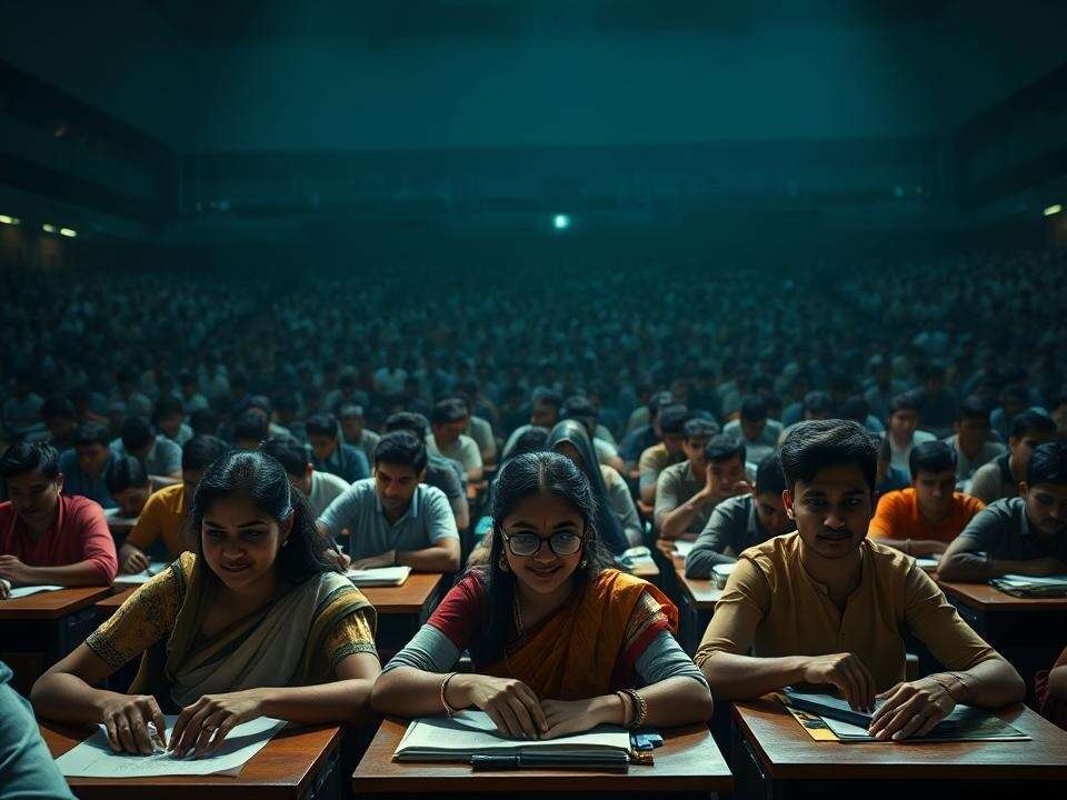 Hundreds of Indian students take an exam, with a spotlight highlighting a few excelling individuals in the foreground.