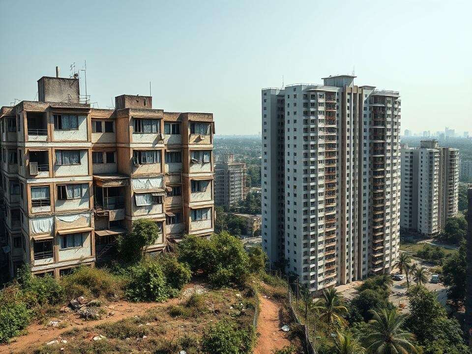 Dilapidated DDA quarters beside a modern high-rise reflect Delhi's urban transformation in the afternoon sun.
