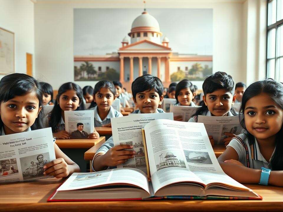 Indian students study history and law, a grand Supreme Court building visible, symbolizing national heritage and justice.