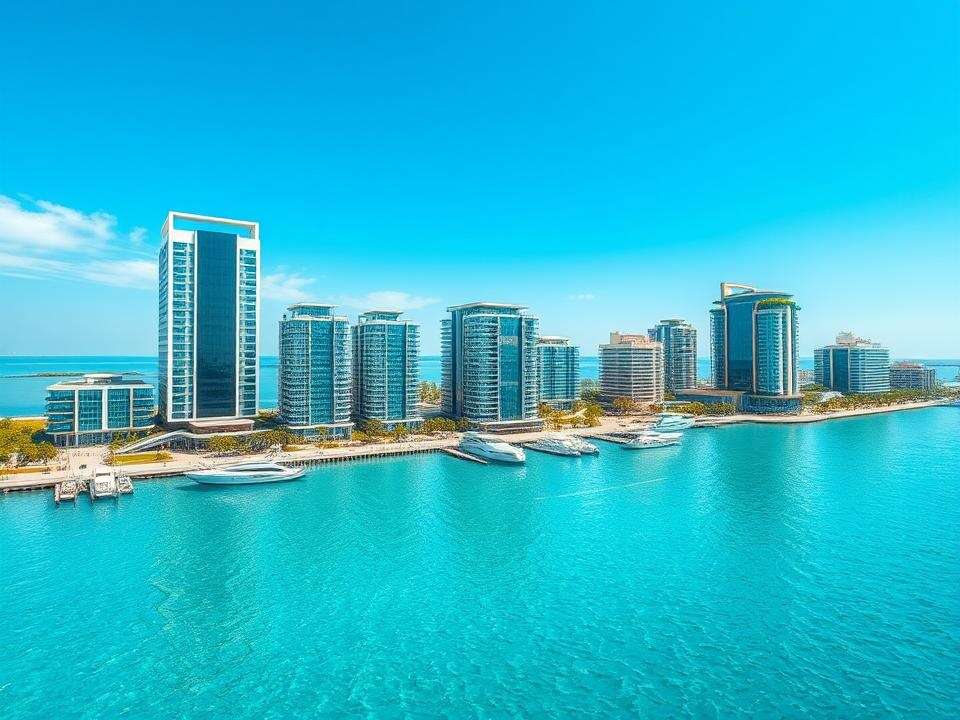 I envision a serene, sustainable Marine Eco City, where modern architecture harmonizes with a vibrant turquoise waterfront.