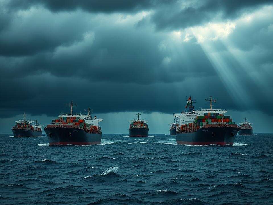 <p>I navigate a fleet of Indian oil tankers through a turbulent, dark sea as a storm gathers, showcasing immense scale and potential peril.</p>