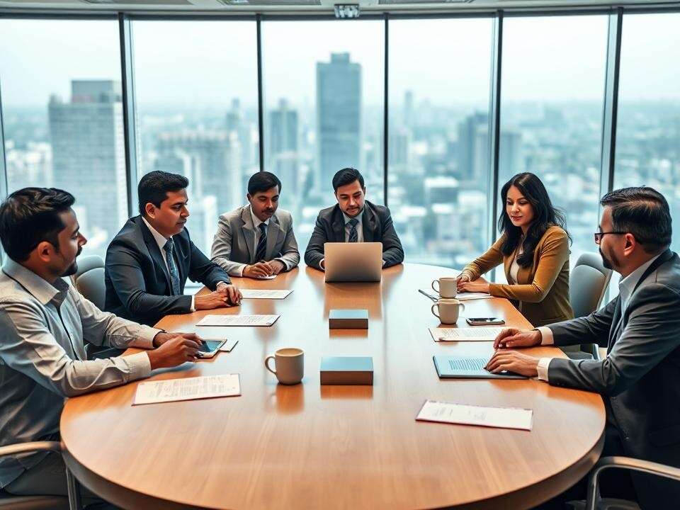 <p>I observe a group of Indian CFOs reviewing financial reports and strategizing during a meeting in a modern conference room.</p>