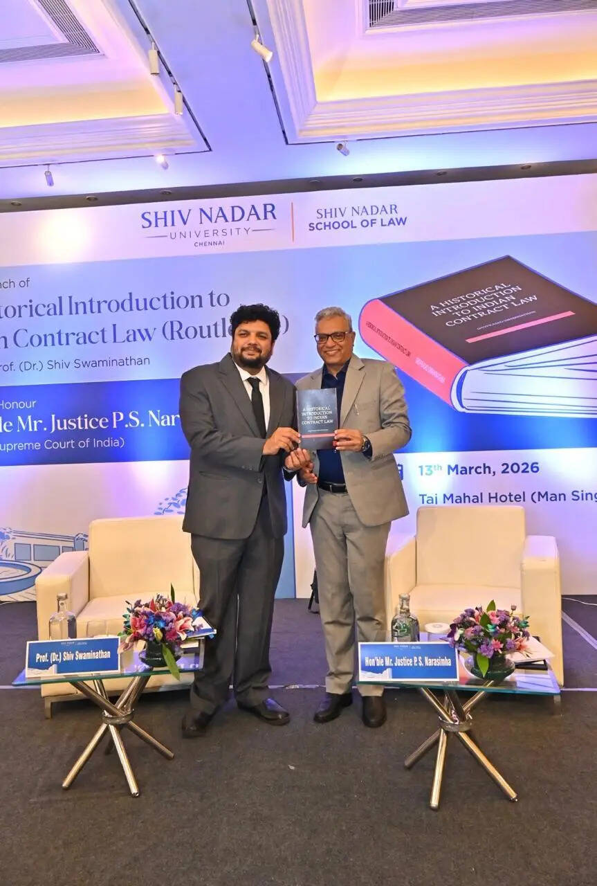 <p>Prof. (Dr.) Shiv Swaminathan, Dean, Shiv Nadar School of Law, Shiv Nadar University Chennai, and Hon'ble Mr. Justice P.S. Narasimha, Judge, Supreme Court of India, at the launch of A Historical Introduction to Indian Contract Law (Routledge) held on 13th March 2026 at Taj Mahal Hotel, New Delhi.</p>