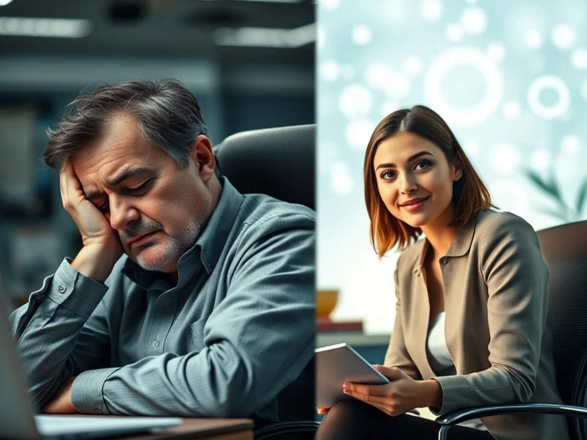 A split scene contrasts a weary manager with an inspired employee, highlighting the spectrum of workplace experiences and potential.