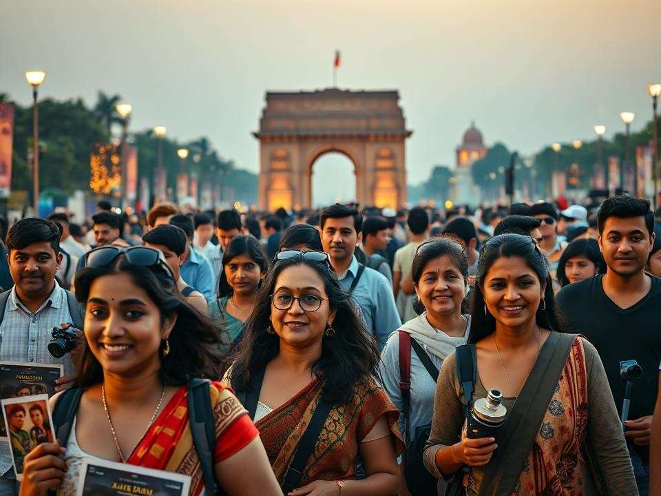 

<p>I capture the vibrant energy of a Delhi film festival, with crowds, celebrities, and iconic landmarks bathed in golden hour light.</p>
<p>“/><figcaption class=