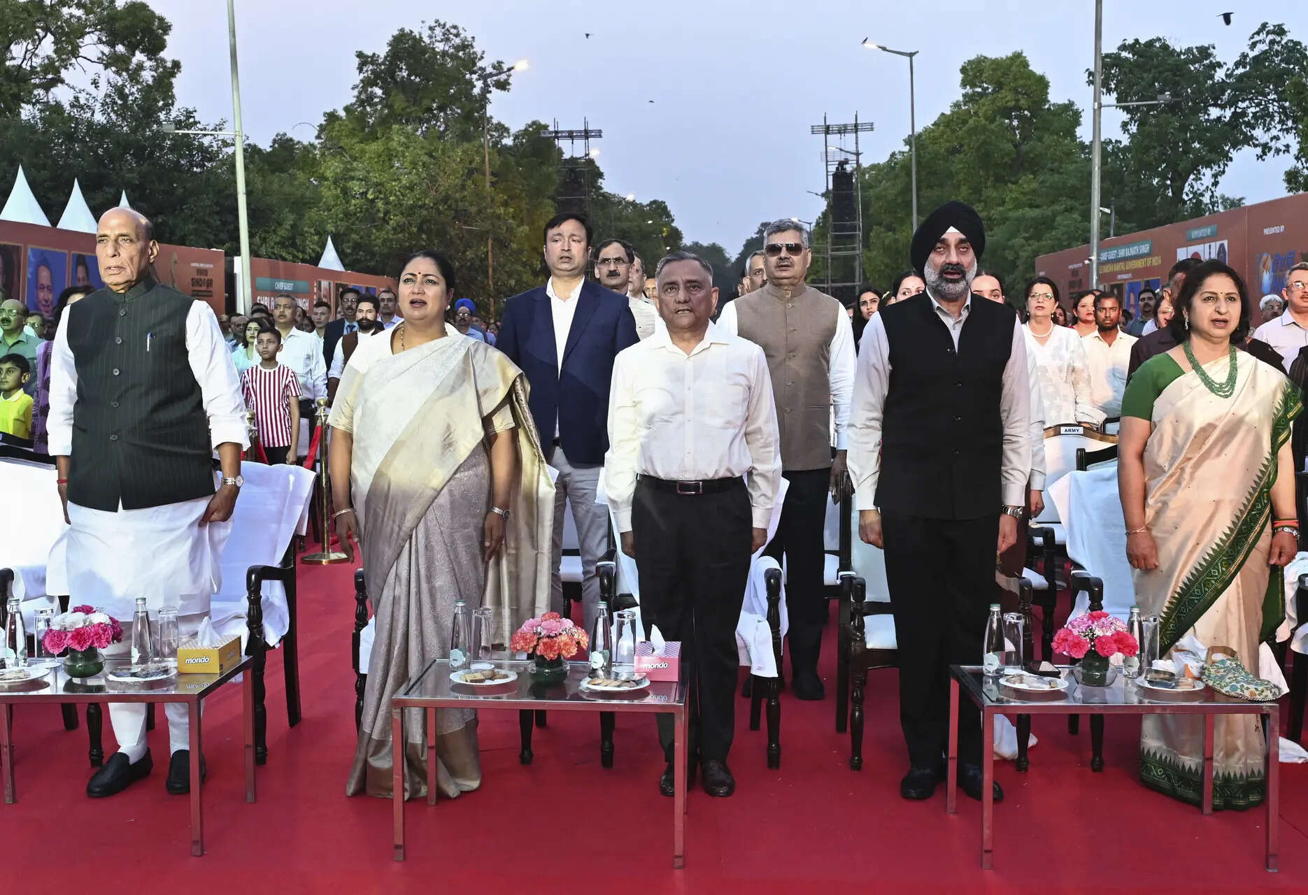<p>Union Defence Minister Rajnath Singh, Chief of Defense Staff (CDS) General Anil Chauhan, Chief of the Air Staff (CAS) Air Chief Marshal A P Singh, Delhi Chief Minister Rekha Gupta and others during an event marking the first anniversary of 'Operation Sindoor', in New Delhi. </p>