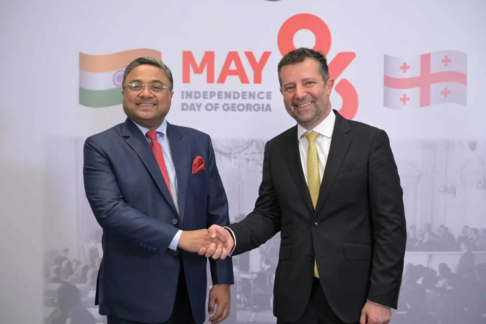 <p>Sibi George, Secretary (West), Ministry of External Affairs of India with Ambassador Vakhtang Jaoshvili at Georgia’s National Day celebration in New Delhi, on May 26</p>