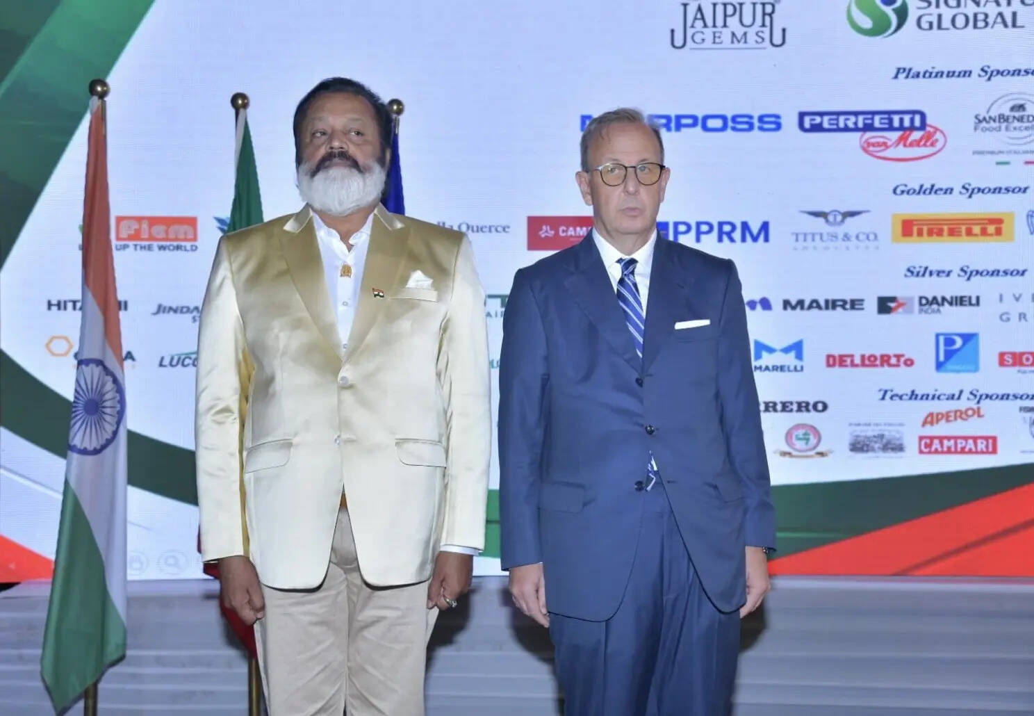 <p>Union Minister of State Suresh Gopi and Ambassador Antonio Bartoli during the playing of the National Anthems of India and Italy at the reception. <span class