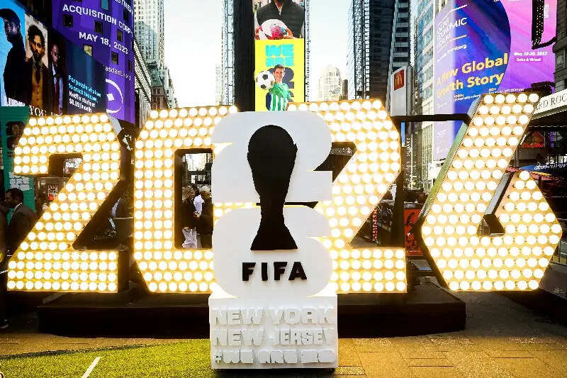 FILE PHOTO: The New York/New Jerseys FIFA World Cup 2026 logo is revealed during the kickoff event in Times Square in New York City, U.S., May 18, 2023.  REUTERS/Brendan McDermid/File Photo