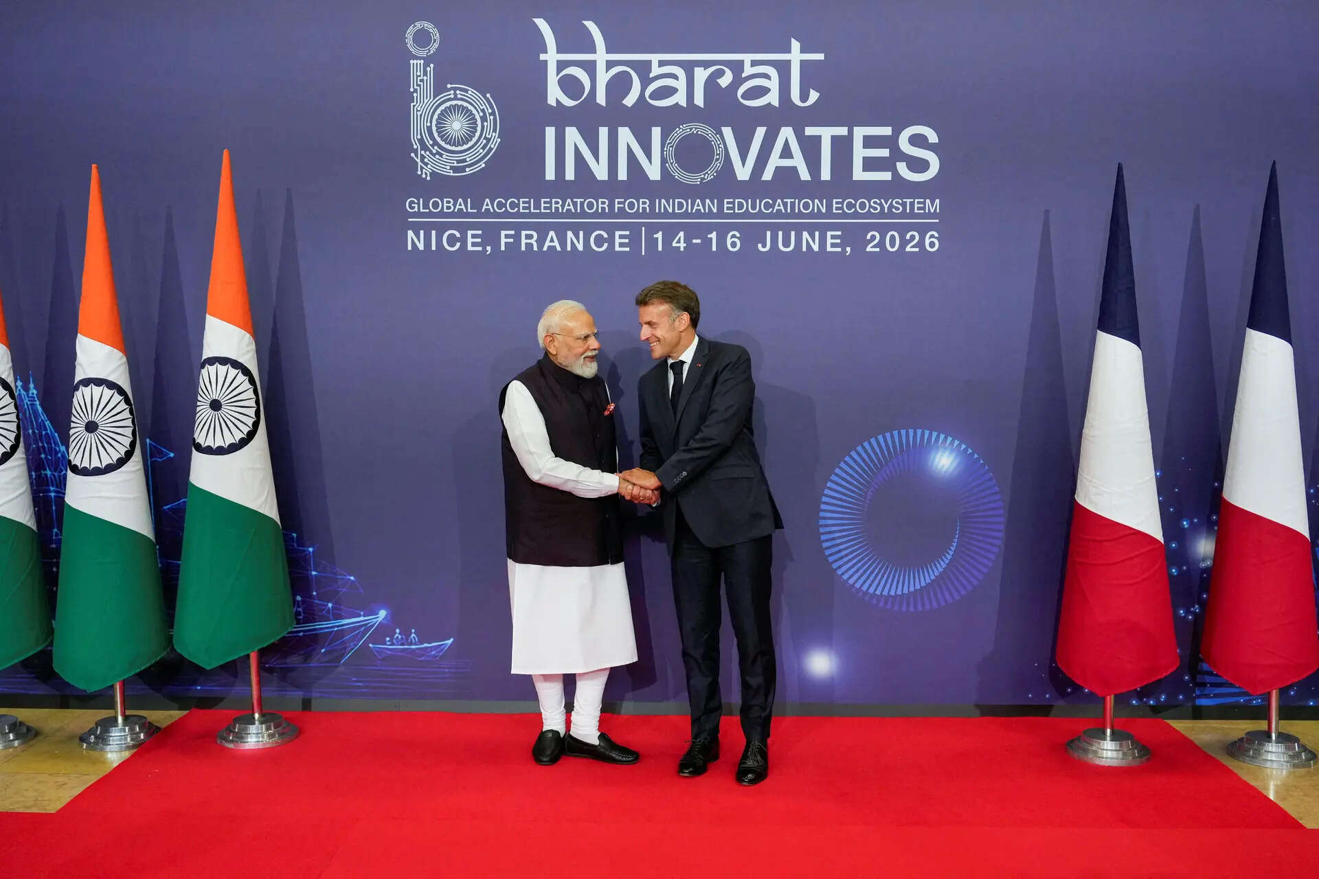 <p>French President Emmanuel Macron shakes hands with Indian Prime Minister Narendra Modi on the day of the Bharat Innovates 26, Indian deep technology event, in Nice, France June 14, 2026.</p>