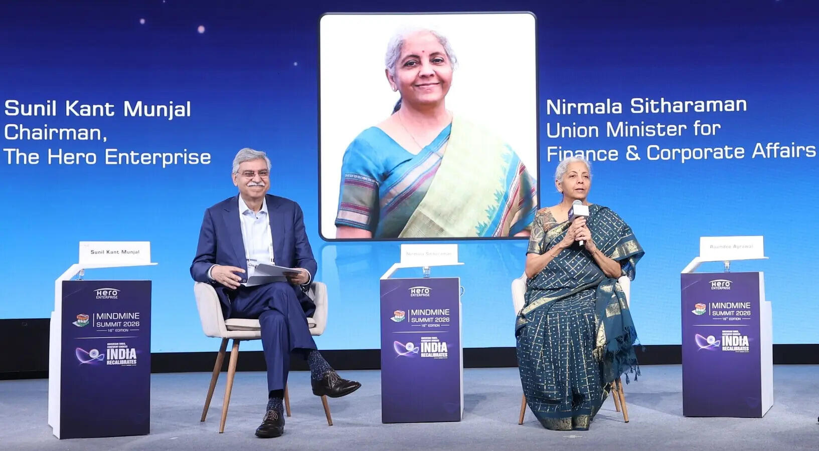 <p>Union Finance Minister Nirmala Sitharaman with Sunil Kant Munjal during the opening session of the Mindmine Summit 2026.</p>