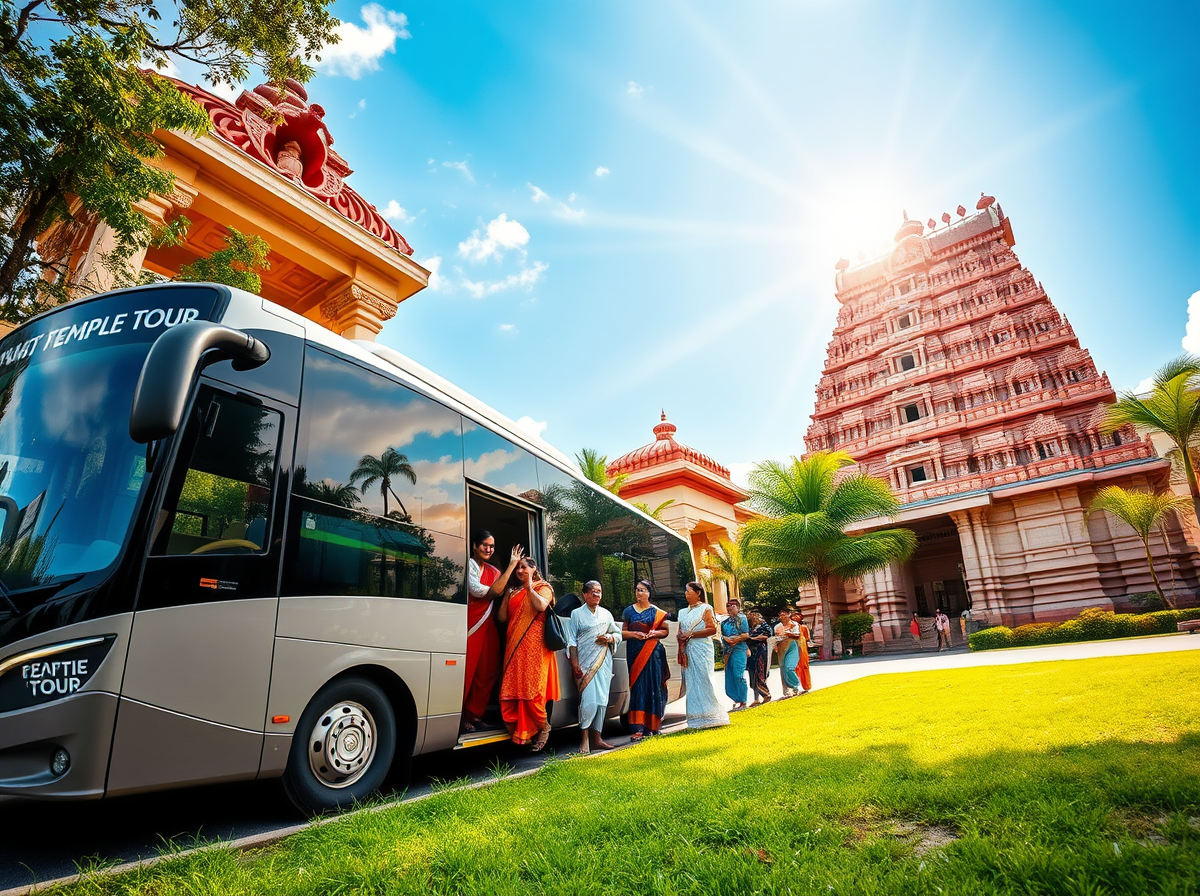 <p>I witness pilgrims arriving via electric bus at a vibrant South Indian temple, blending tradition with sustainable travel.</p>