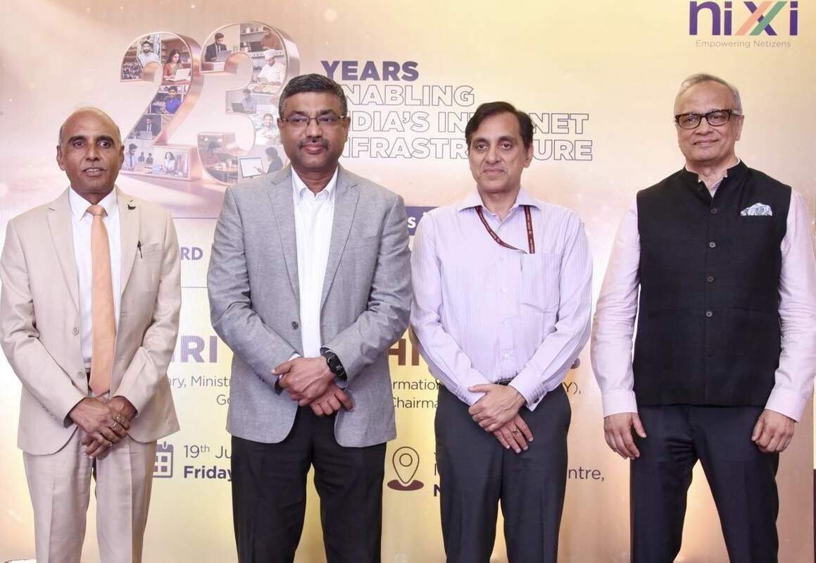 <p>S. Krishnan, Secretary, MeitY and Chairman, NIXI; Sushil Pal, Joint Secretary, MeitY; Dr. Devesh Tyagi, CEO, NIXI; Samiran Gupta, Vice President for Stakeholder Engagement and Managing Director, Asia Pacific, ICANN,  during NIXI's 23rd Foundation Day celebrations in New Delhi.</p>