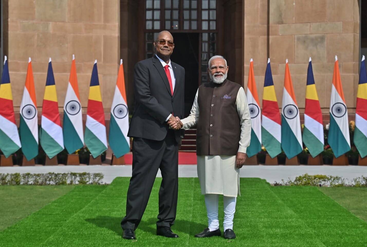 <p>Prime Minister Narendra Modi with Seychelles President Patrick Herminie during the latter's State Visit to India, ahead of the Prime Minister's landmark visit to Seychelles for the island nation's Golden Jubilee celebrations.</p>