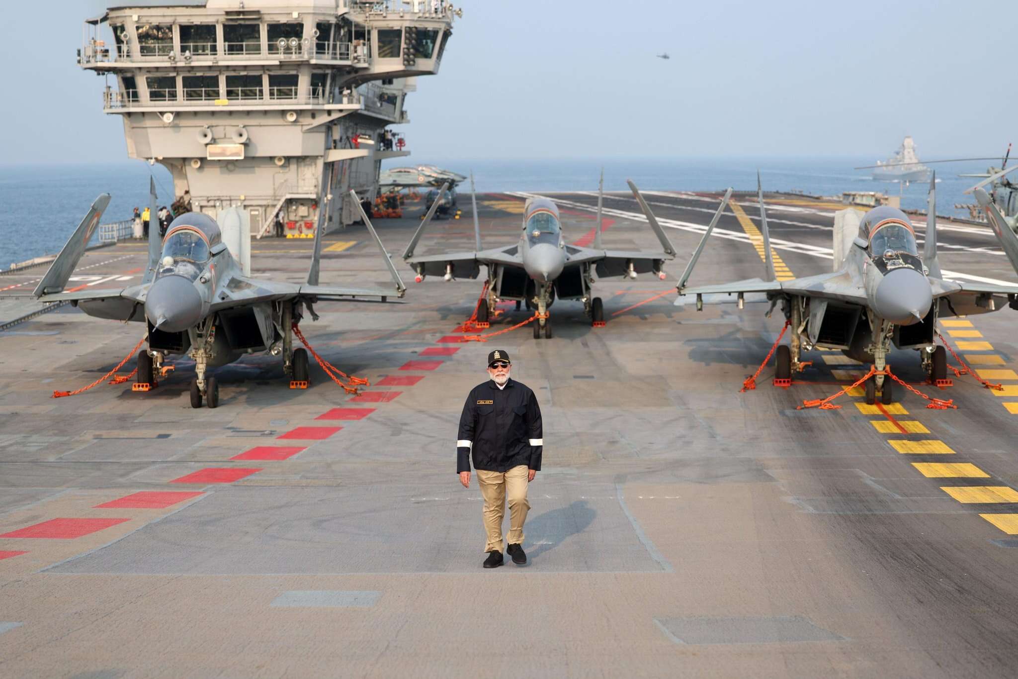 Prime Minister Narendra Modi aboard INS Vikrant, India’s first indigenously designed and built aircraft carrier, during Diwali celebrations with naval personnel.