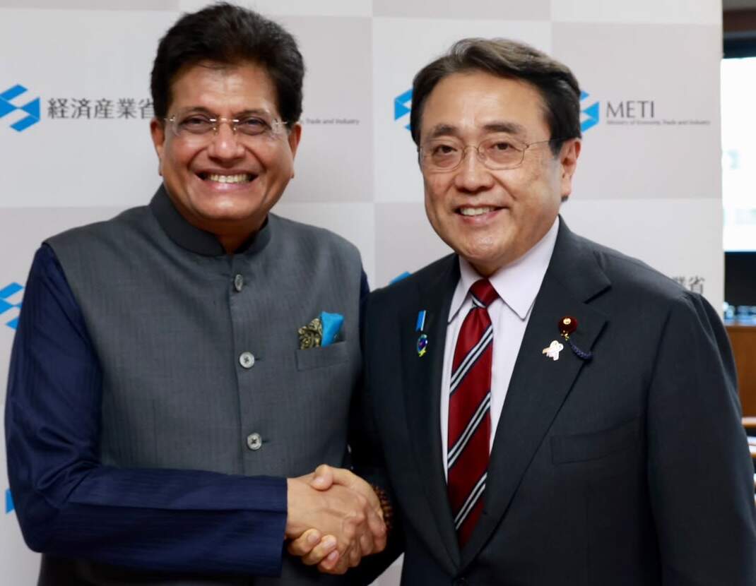 Commerce and Industry Minister Piyush Goyal with Akazawa Ryosei, Japan’s Minister of Economy, Trade and Industry
